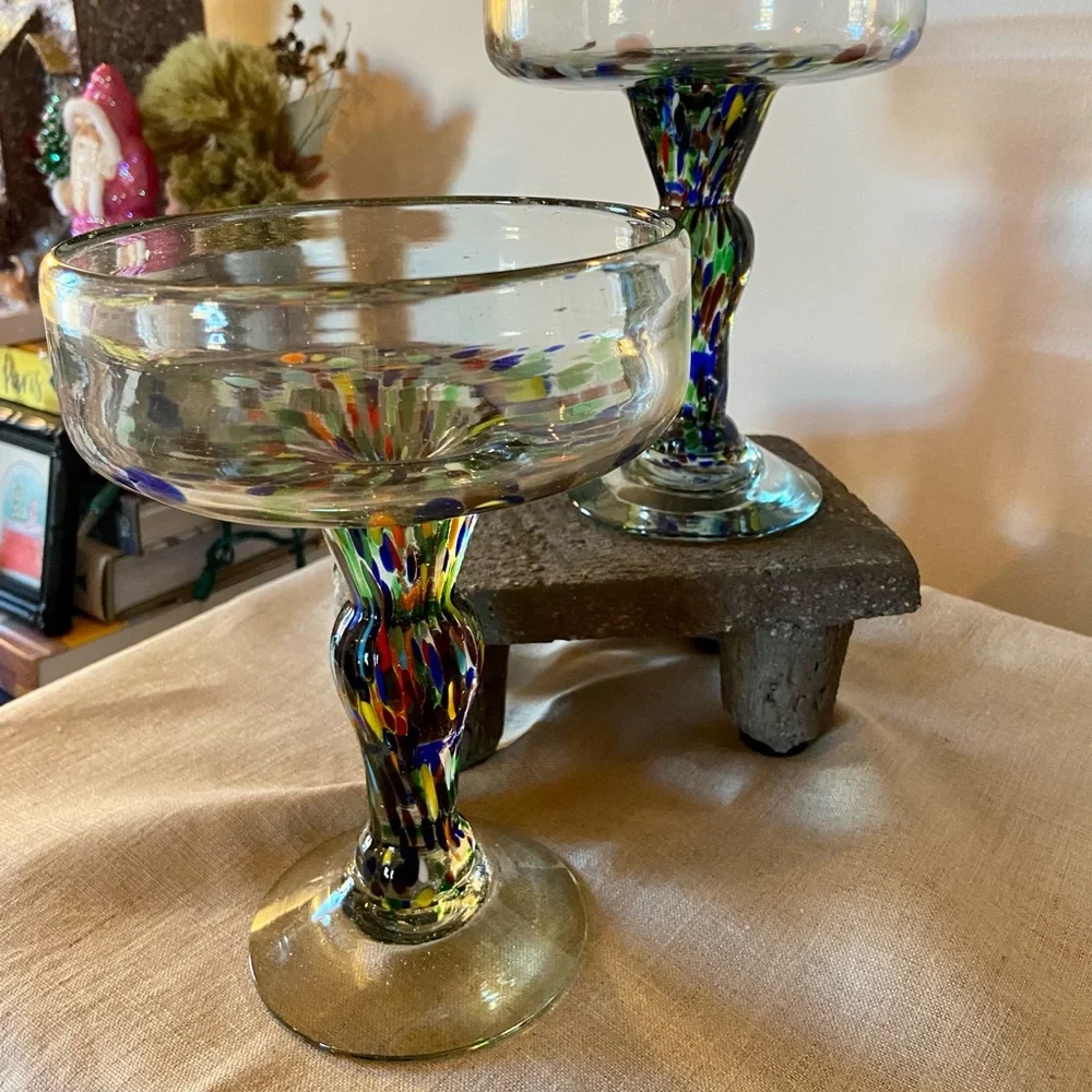 Pair Of Crate & Barrel Handblown Confetti Splatter Margarita Cocktail Gl…